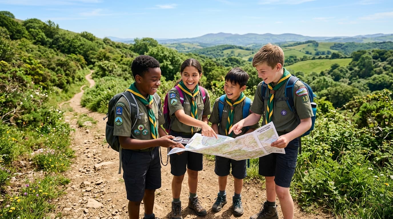Scouts collaborating with a map on a mountain hiking trail