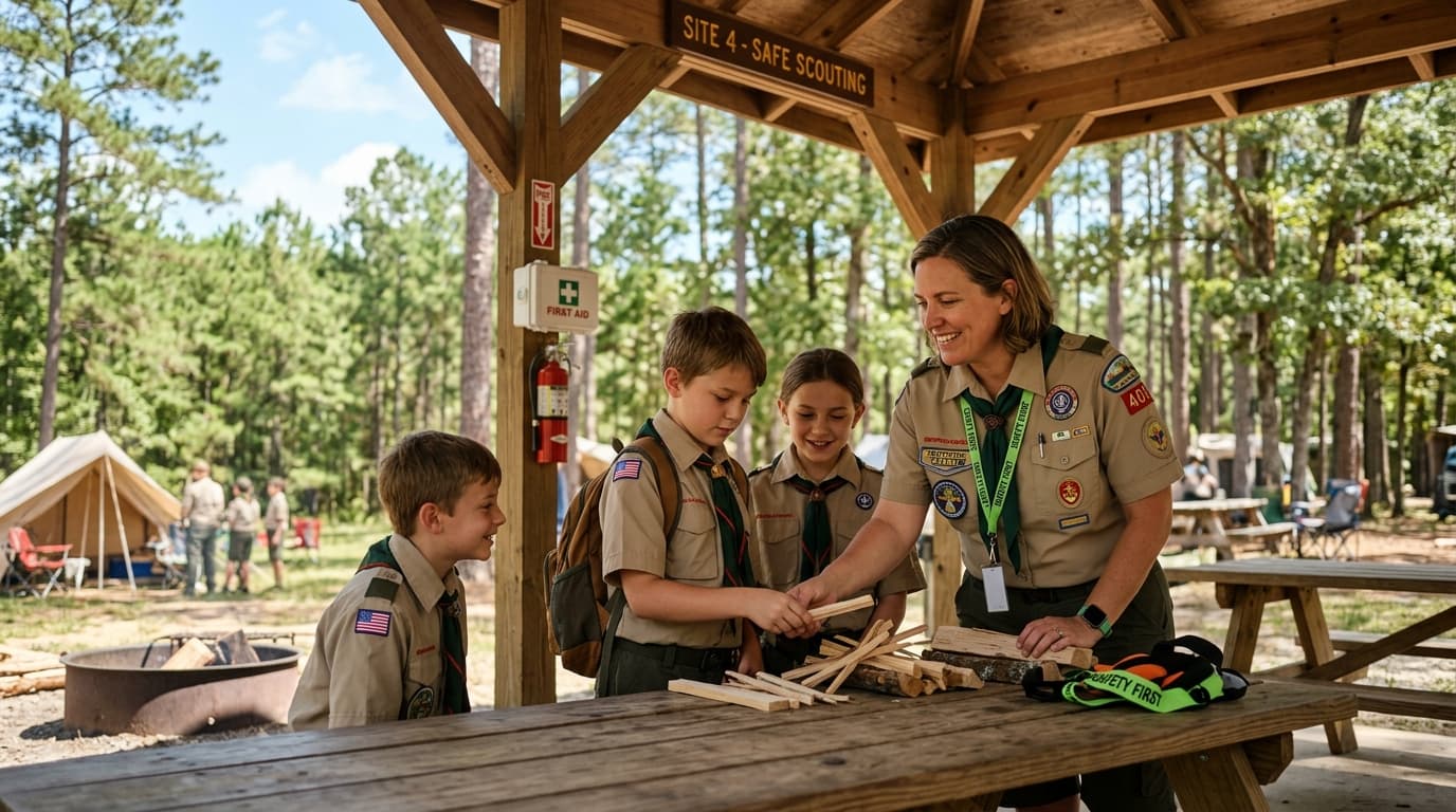 Adult scout leader mentoring youth safely in outdoor setting