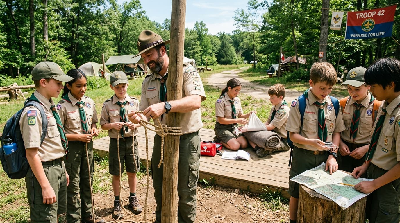 Scouts learning pioneering knot craft and first aid outdoors